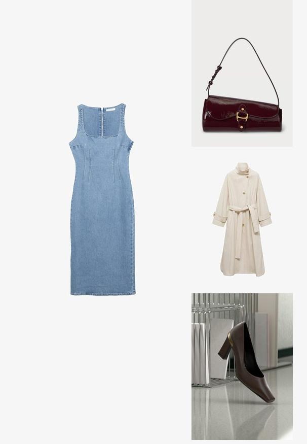 Beige trench coat dengan kerah tinggi, tiga kancing, sabuk yang dapat diikat sendiri, dan manset yang digulung. Dilengkapi dengan dua kantong samping dan bahan yang halus serta berbulu.; Hihaton vaaleansininen farkkumekko midi-pituudella, jossa on neliskulmainen pääntie, vetoketju takana ja pystysaumojen yksityiskohdat edessä.; Tummanruskea nahkainen korkeakorkoinen kenkä, jossa on neliömäinen kärki ja kultainen yksityiskohta, leijuu heijastavan pinnan yläpuolella lähellä metallista tiedostojärjestäjää.; Pieni kiiltävä viininpunainen nahkalaukku, jossa on säädettävä olkahihna ja kultasävyinen solki etuossan sulkemiseen.