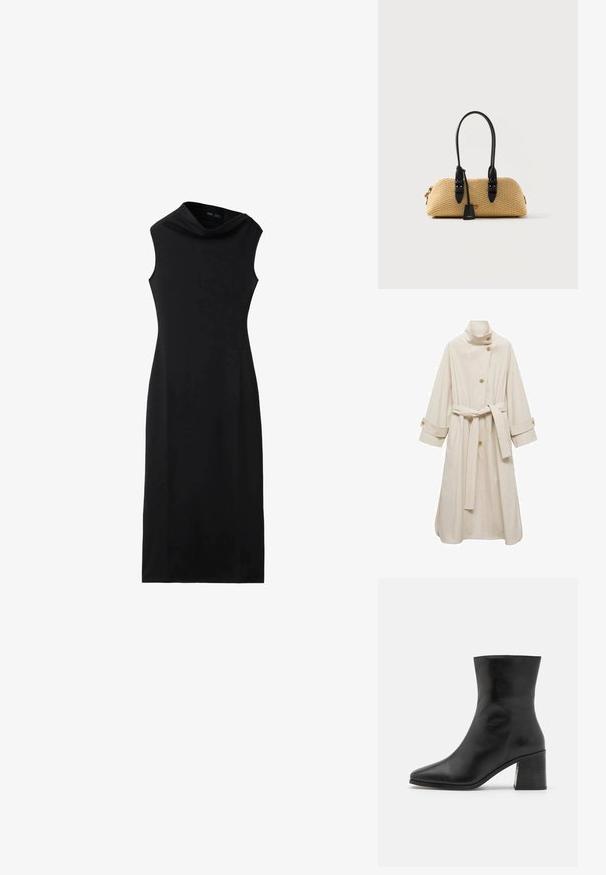 Beige trench coat dengan kerah tinggi, tiga kancing, sabuk yang dapat diikat sendiri, dan manset yang digulung. Dilengkapi dengan dua kantong samping dan bahan yang halus serta berbulu.; Musta hihaton midi-mekko, jossa korkea kaulussomiste ja suora, kapea leikkaus.; Mustat nahka nilkkurit, terävä kärki, sileä pinta, keskikorkea lohkarekorko, minimalistinen muotoilu ja brodeeratut viimeistelyt kauluksessa.; Pieni vaaleanruskea kudottu käsilaukku, jossa pitkät mustat kahvat, mustat nahkaiset yksityiskohdat ja pieni merkitty merkki roikkumassa yhdestä kahvasta.