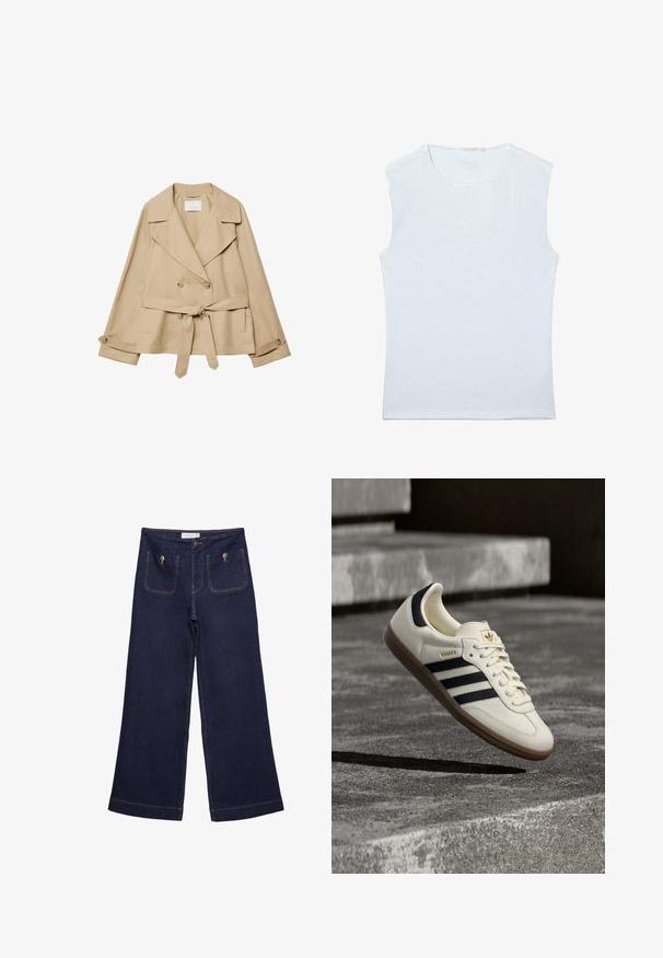 Impermeable beige avec un devant croisé, de larges revers et une taille ceinturée. Il dispose de deux poches latérales et de détails en boutons sur les poignets.; Débardeur sans manches en coton blanc avec encolure ronde et un design simple et uni.; Pantalon en jean large bleu foncé à taille haute, poches plaquées à l'avant fermées par des boutons en métal et détails de coutures visibles.; Baskets blanches Adidas Samba avec des bandes noires et une semelle en gomme, flottant au-dessus de marches en béton gris texturé.