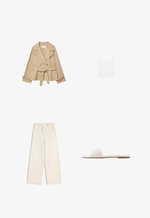 Impermeable beige avec un devant croisé, de larges revers et une taille ceinturée. Il dispose de deux poches latérales et de détails en boutons sur les poignets.; Stradivarius Débardeur - white; Pantalon large couleur écru avec poches avant, passants pour ceinture, et boutons argentés sur la ceinture et les bords des poches.; Sandale plate blanche à enfiler avec une large bride unique et une fine semelle marron, montrée de profil sur fond blanc.
