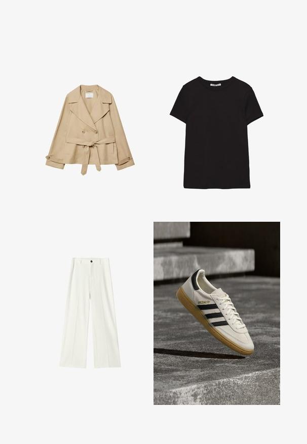 Impermeable beige avec un devant croisé, de larges revers et une taille ceinturée. Il dispose de deux poches latérales et de détails en boutons sur les poignets.; T-shirt noir en coton à manches courtes avec encolure ronde, coupe standard et étiquette intérieure visible au niveau du col.; Pantalon blanc taille haute à jambes larges, avec plis à l'avant, passants pour ceinture et fermeture par bouton noir à la taille.; Baskets Adidas Spezial blanches avec des rayures noires et une semelle en gomme flottant au-dessus de marches en pierre grises à l'extérieur.
