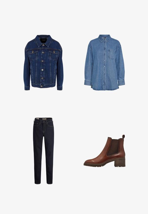 Dunkelblaue Jeansjacke mit langen Ärmeln, Knopfverschluss, zwei Brusttaschen mit Klappe und Kontrastnähten auf weißem Hintergrund.; Jeanshemd in Hellblau mit durchgehender Knopfleiste, klassischem Kragen, einer Brusttasche und langen Ärmeln mit Manschetten.; Dunkelblaue Jeans mit geradem Schnitt, ausgestattet mit Fronttaschen, einem Reißverschluss und kontrastierenden golden-gelben Nähdetails.; Braune Leder-Stiefelette mit elastischen Seitenpartien, abgerundeter Zehenpartie und strukturiertem Blockabsatz. Mit einem Ziehschlaufenelement für einfaches An- und Ausziehen.