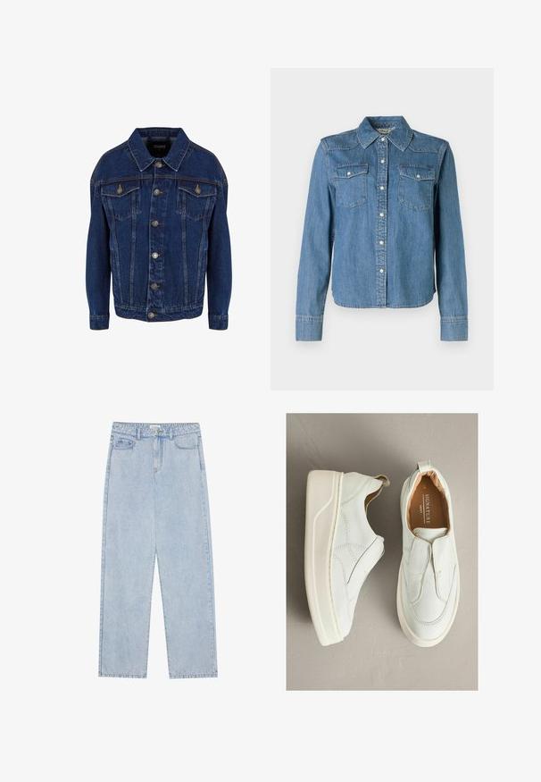 Dunkelblaue Jeansjacke mit langen Ärmeln, Knopfverschluss, zwei Brusttaschen mit Klappe und Kontrastnähten auf weißem Hintergrund.; Die Denim-Hemd zeichnet sich durch einen hellblauen Farbton, einen klassischen Kragen und zwei Brusttaschen aus. Es hat Druckknöpfe und lange Ärmel mit Knopfmanschetten.; Helles blau, hoch taillierte Denim-Jeans mit geradem Bein, fünf Taschen und sichtbaren Nähten. Material hat eine klassische Waschtextur.; Weiße Leder-Slipper mit runder Spitze, strukturierter Oberfläche, kontrastierender Naht und weißer Gummisohle. Verfügen über eine Zuglasche an der Ferse.