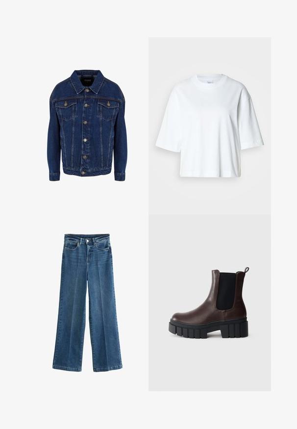 Donkerblauwe denimjas met lange mouwen, knoopsluiting aan de voorkant, twee borstzakken met klep en contrasterende stiksels op een witte achtergrond.; Witte cropped t-shirt met korte mouwen, ronde hals, gemaakt van zacht katoen, met een eenvoudig en strak ontwerp.; Wijdvallende jeans in donkerblauwe denim met een gemiddelde wassing. Heeft een vijf-pocket ontwerp, rits en knoopsluiting.; Bruine leren enkellaarzen met elastische zijpanelen, gestructureerde zwarte zool en een stevige hak. Voorzien van een treklus aan de achterkant voor gemakkelijk aan- en uittrekken.