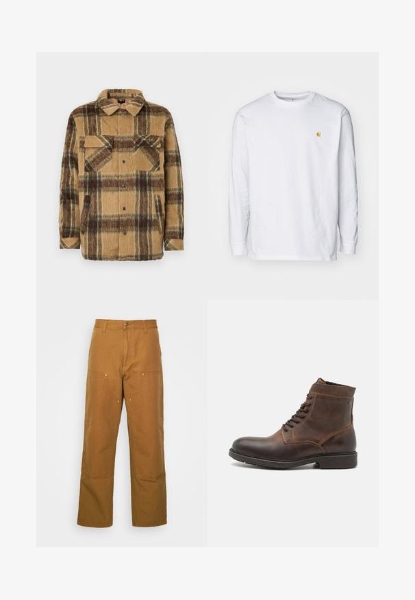 Sean John SCRIPT LOGO OVERSHIRT - Veste mi-saison - brown/dark brown; T-shirt à manches longues blanc en coton. Présente un petit logo doré sur la poitrine et un col rond. Design simple et coupe standard.; Pantalons utilitaires en coton marron avec une coupe droite, dotés de poches avant et d'accents en métal pour une durabilité accrue.; Jack & Jones JFWDELANEY BOOT - Bottines à lacets - cognac