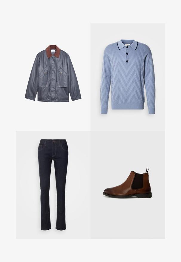 Veste imperméable grise avec un col en velours côtelé marron, dotée de deux poches avant et d'une fermeture à boutons. Texture lisse et coupe décontractée.; Polo tricoté bleu clair avec un motif en chevron, trois boutons noirs et un col marine contrastant. Manches longues et poignets côtelés.; Jeans en denim bleu foncé avec une jambe droite, dotés de poches avant, d'une fermeture à bouton et de détails de surpiqûres subtils. Design classique.; Bottine Chelsea en cuir marron avec des panneaux élastiques sur les côtés, bout rond et une languette. Semelle en caoutchouc noir avec un léger talon. Texture lisse.