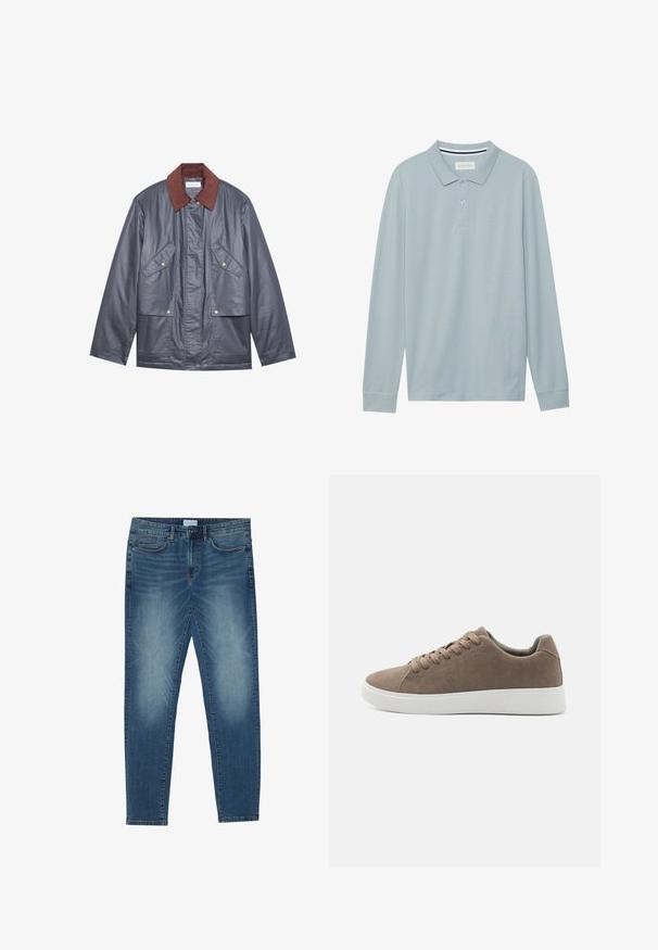 Veste imperméable grise avec un col en velours côtelé marron, dotée de deux poches avant et d'une fermeture à boutons. Texture lisse et coupe décontractée.; Polo à manches longues en bleu clair avec un col plat, une patte de boutonnage à trois boutons et un tissu texturé subtil. Présente un col intérieur rayé.; Jean en denim bleu moyen avec un délavage léger, design à cinq poches, coupe droite et accents cousus. Fermeture par bouton et zip.; Baskets en daim marron avec des semelles en caoutchouc blanc plat, design lacé, bout rond et texture lisse. Style minimaliste avec des détails de couture subtils.