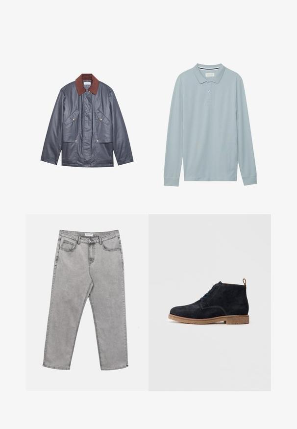 Veste imperméable grise avec un col en velours côtelé marron, dotée de deux poches avant et d'une fermeture à boutons. Texture lisse et coupe décontractée.; Polo à manches longues en bleu clair avec un col plat, une patte de boutonnage à trois boutons et un tissu texturé subtil. Présente un col intérieur rayé.; Jean en denim gris clair avec bouton et fermeture éclair à l'avant, passants pour ceinture et cinq poches, posé à plat sur un fond blanc.; Bottes ankle en suede bleu marine avec un bout rond, fermeture lacée et une semelle en caoutchouc marron. Présente un design cousu et une languette à l'arrière.