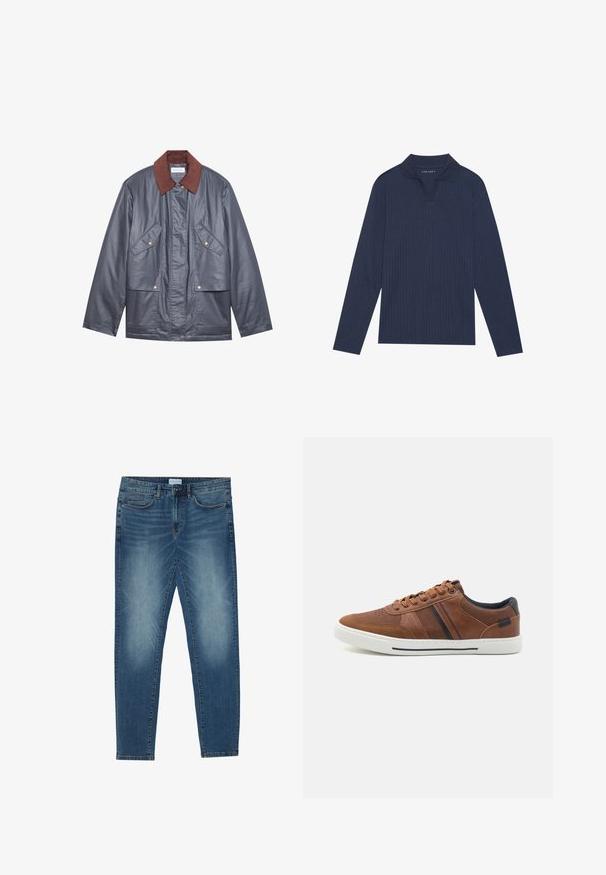 Veste imperméable grise avec un col en velours côtelé marron, dotée de deux poches avant et d'une fermeture à boutons. Texture lisse et coupe décontractée.; Polo-shirt à manches longues bleu marine avec une texture côtelée, un col rabattu et une ouverture en V. Présente un logo discret sur le col.; Jean en denim bleu moyen avec un délavage léger, design à cinq poches, coupe droite et accents cousus. Fermeture par bouton et zip.; Baskets en cuir marron avec une texture lisse, semelle en caoutchouc blanc, accents noirs et couture décorative avec des rayures latérales.