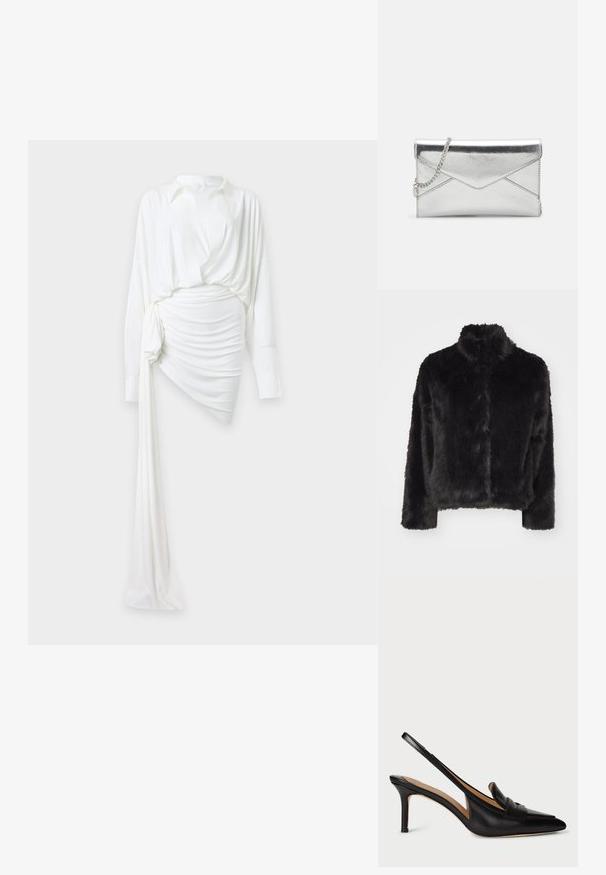 Vero Moda VMMONROE SHORT JACKET - Winterjacke - black; Weißes Langarmkleid mit Hemdblusenkragen, gerafftem Rock und asymmetrisch drapiertem Stoffdetail, das auf einer Seite hängt.; Schwarze Leder Slingback-Pumps mit spitzer Zehenform, niedrigem Absatz und dekorativem Riemen über dem Spann. Glatte Textur und minimalistisches Design.; Silberfarbene metallische Clutch-Tasche mit einer Kettenriemen, die ein schräges Klappendesign und gestickte Akzente für zusätzliche Textur aufweist.