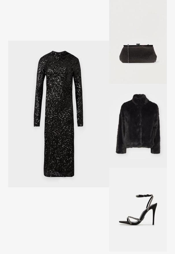 Vero Moda VMMONROE SHORT JACKET - Winterjas - black; Zwarte lange mouw jurk gemaakt van glanzende paillettenstof. Beschikt over een hoge halslijn en een aansluitende silhoeet die tot halverwege de kuit reikt.; Zwarte hoge hak sandaal met dunne, met edelstenen versierde bandjes en een enkelgesp. Suède materiaal, open teen en een slanke, puntige silhouet.; Zwarte mesh clutchbag met een gestructureerde silhouette, versierd met kleine metalen studs, heeft een sluiting met een klapmechanisme en een afneembare kettingriem.