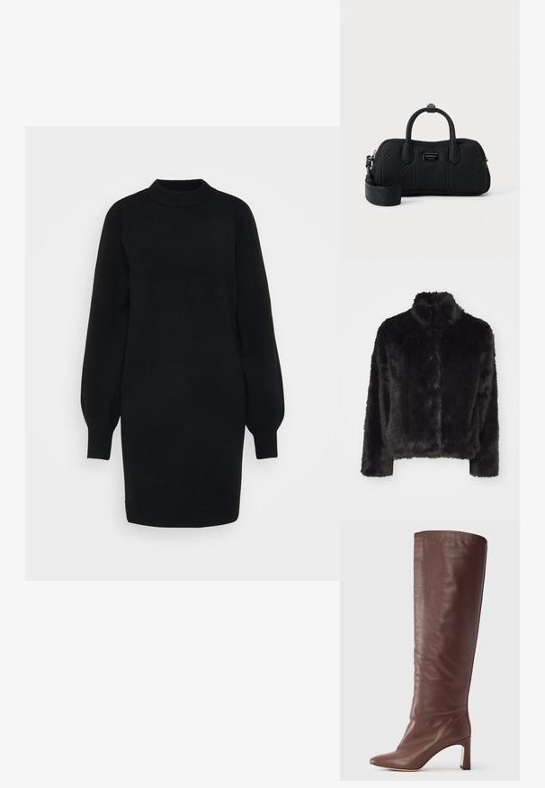 Vero Moda VMMONROE SHORT JACKET - Talvejope - black; Must have varrukad, must kudum dresses, kõrge ümar kaelus ja pluusitaolised varrukad. Pehme tekstuur ja keskpikk disain.; Põlvekõrgune pruun nahast saabas terava varba, kitseneva disaini ja peene plokktaldaga. Sile tekstuur, minimaalsete detailidega.; Mustast tikandiga ristkülikukujuline käekott, millel on kaks ülemist sangast, eemaldatav lai õlarihm ja ees keskel väike bränditud metallplaadikese.
