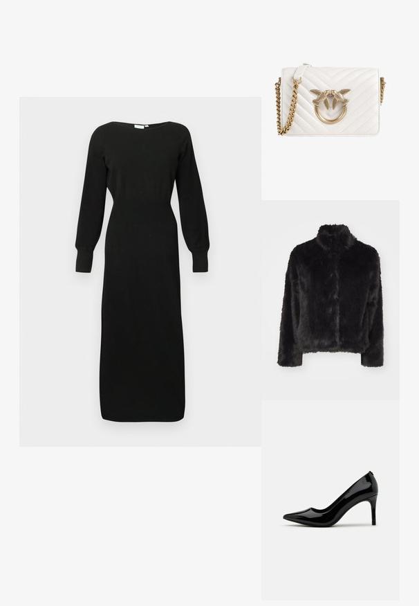 Vero Moda VMMONROE SHORT JACKET - Talvejope - black; Mustreeritud must pikkade varrukatega midi kleit, millel on kitsas vöökoht, ümar kaelus ja mansetid, esitleb end helehalli tausta ees.; Must have kõrge kontsaga must lakitud nahast king, millel on terav nina ja voolujooneline siluett, omades sujuvat tekstuuri ja minimalistlikku disaini.; Valge piterdatud nahast käekott kuldsete ahelatöötlustega, millel on rõngastetail kaks lindude aksessuaari. Ristkülikukujuline kuju ja chevron/mustri muster.