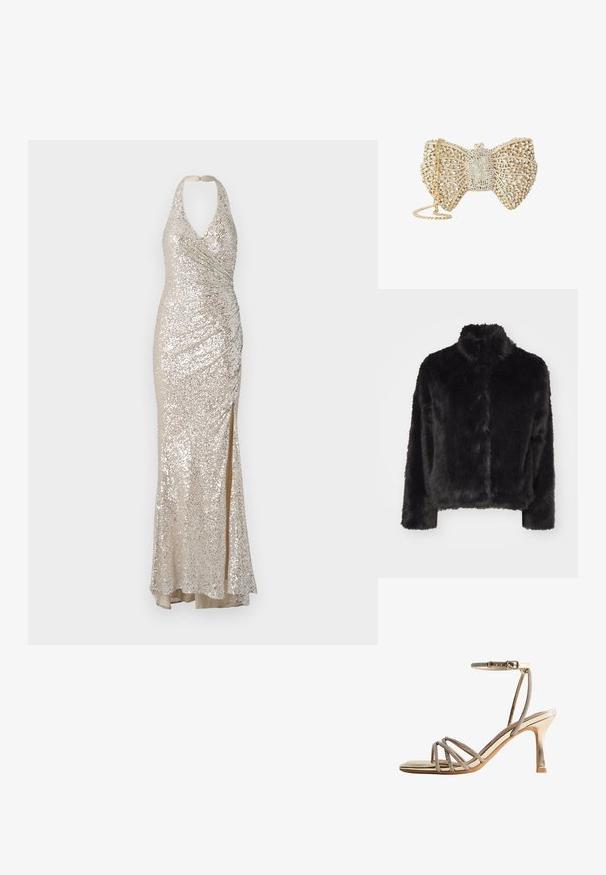 Vero Moda VMMONROE SHORT JACKET - Veste d'hiver - black; Robe à bretelles halter en sequins beige, avec une silhouette ajustée, une fente sur le côté et des détails froncés pour une texture et un intérêt visuel.; Sandale à talon haut dorée avec des lanières fines ornées de strass au niveau des orteils et une sangle à la cheville avec fermeture à boucle.; Pochette en forme de nœud ton or recouverte de cristaux clairs, avec un design en treillis délicat et une bandoulière chaîne dorée.