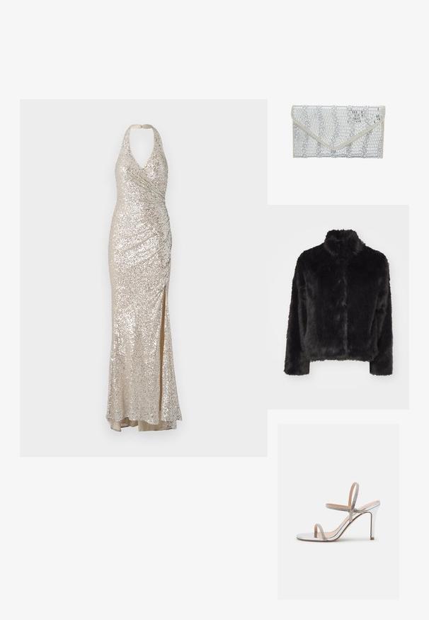 Vero Moda VMMONROE SHORT JACKET - Winterjacke - black; Beiges Halterneck-Glitzerkleid mit figurbetonter Silhouette, seitlichem Schlitz und gerafften Details für Textur und visuelles Interesse.; Madden Girl WISE - High Heel Sandalette - silver; faina Clutch - silver coloured
