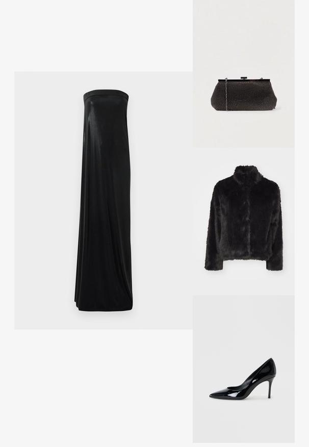 Vero Moda VMMONROE SHORT JACKET - Winterjacke - black; Schwarzes, trägerloses Maxikleid aus glattem, glänzendem Stoff. Es hat ein figurbetontes Oberteil und eine fließende Silhouette, die den Boden erreicht, ohne Verzierungen.; Schwarze Lacklederpumps mit spitzer Zehenpartie und schlankem Stiletto-Absatz. Glatte Textur mit glänzender Oberfläche und minimalistischem Design.; Schwarze Mesh-Clutch mit strukturierter Silhouette, verziert mit kleinen metallic-nieten, besitzt einen Verschluss mit Klappe und einen abnehmbaren Kettenriemen.