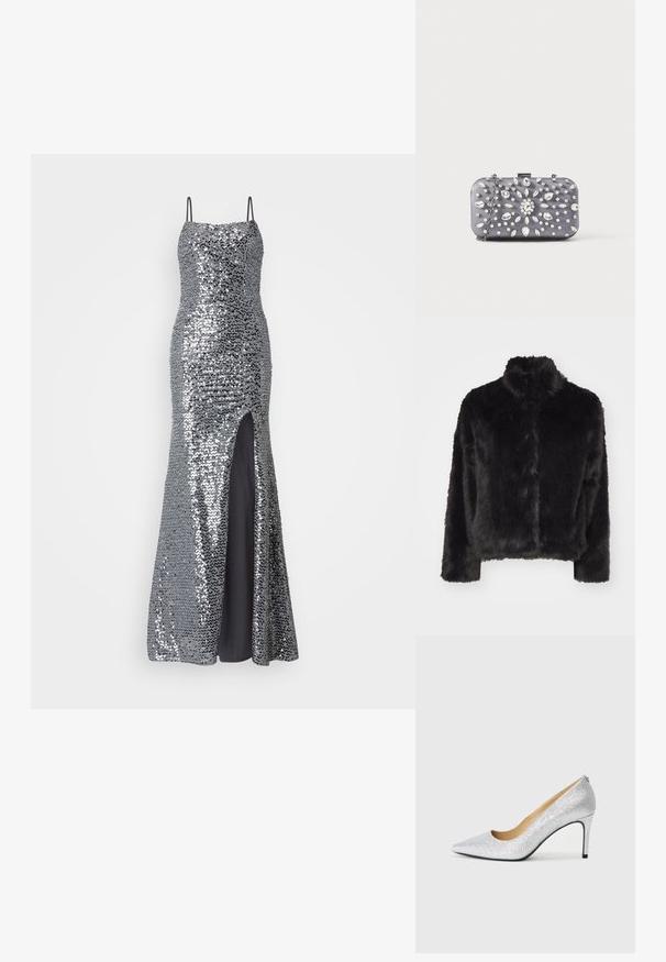 Vero Moda VMMONROE SHORT JACKET - Vinterjakker - black; Sølv paliet aftenkjole med spaghetti-stropper, tætsiddende overdel og høj slidse. Glat sort foring under.; Sølvglitrende højhælede pumps med spids tå og glat inderside. Hælen er tynd og fremhæver det slanke design.; Lille rektangulær mørkegrå clutch pyntet med klare rhinsten i et strålende mønster og en sølvkæde som strop.