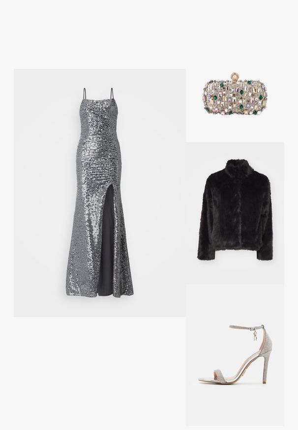 Vero Moda VMMONROE SHORT JACKET - Winterjas - black; Zilver kleuren pailletten avondjurk met spaghettibandjes, aansluitende taille en een hoge split tot boven de dij. Gladde zwarte voering eronder.; Steve Madden TECY-R - Sandalen met hoge hak - silver-coloured; Rechthoekige beige clutch versierd met meerkleurige edelstenen in groen, roze, paars, wit en goud, met een gouden parelsluiting bovenaan.