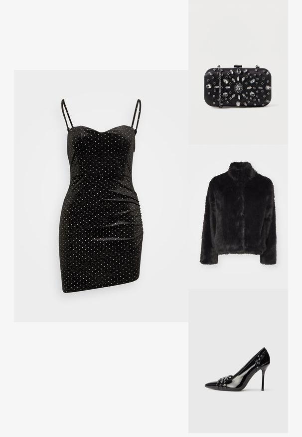 Vero Moda VMMONROE SHORT JACKET - Vinterjakker - black; Even&Odd Petite by Zalando Cocktailkjole / festkjole - black/silver; Sorte patentlæder stiletto hæl sko med spids tå, tre dekorative remme med nitter, og "Karl Lagerfeld" branding på hælen.; Sort clutch i rektangulær form, pyntet med forskellige rhinsten i et blomsterdesign, med en sølvkæde til at bære.