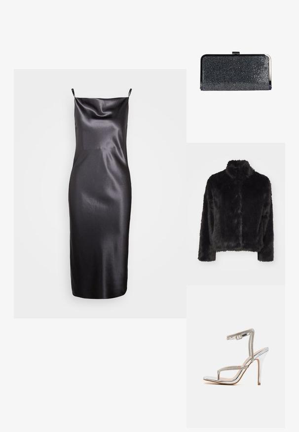 Vero Moda VMMONROE SHORT JACKET - Winterjacke - black; Samsøe Samsøe FREDERICKA LONG DRESS - Cocktailkleid/festliches Kleid - ombre dark; RAID RORY - High Heel Sandalette - silver; Rechteckige schwarze Clutch mit kleinen glänzenden Perlen bedeckt, silberner Metallrahmen und Verschluss oben.