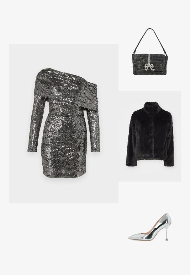 Vero Moda VMMONROE SHORT JACKET - Vinterjakker - black; Paljetterklædning med off-shoulder halsudskæring, lange ærmer og tætsiddende silhuet. Lavet af metalisk stof i sølvnuancer.; Sølvmetallic pumps med spids tå og høje hæle, en slank stilet-hæl og en glat, skinnende finish.; Sort aftentaske dækket med små rhinsten med en juvelprydet sløjfe og rektangulære sten på frontklappen samt en enkelt rem.