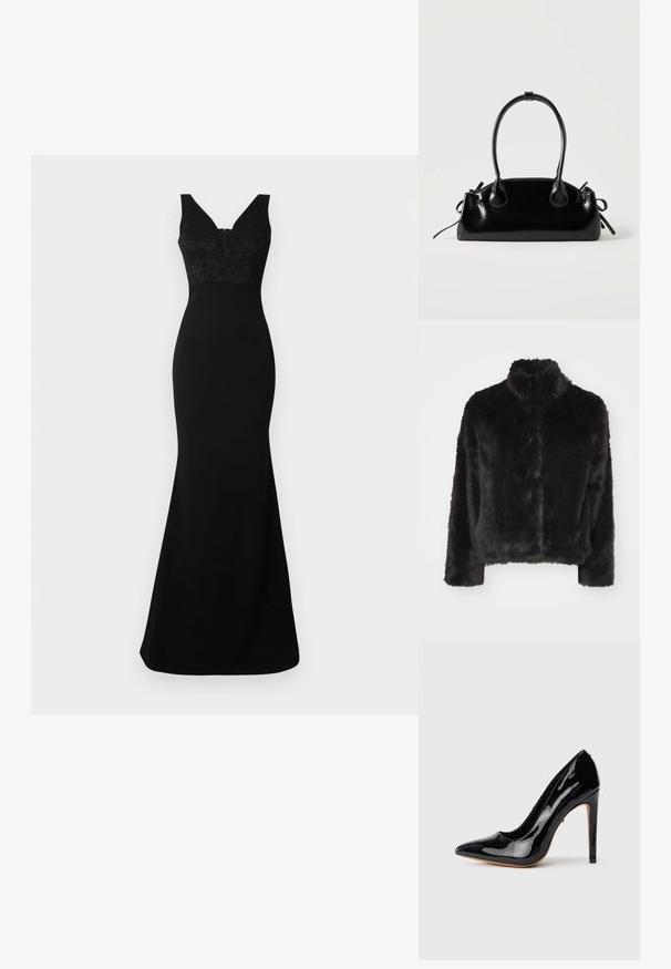 Vero Moda VMMONROE SHORT JACKET - Vinterjakker - black; Sort kjole med en tætsiddende silhuet, blonde bodice, V-halsudskæring og lang, flydende nederdel. Fremstillet af glat stof med en kontrasterende tekstur.; Sort laklæder højhælet pumptoe med spids snude, slank silhuet og en tynd stilethæl på 4 tommer. Glat, blank overflade.; Lille sort blank håndtaske med to lange håndtag og snøre-detaljer i siden på en ensfarvet lys baggrund.