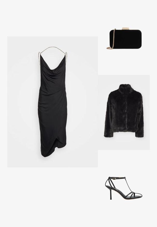 Vero Moda VMMONROE SHORT JACKET - Winterjacke - black; Et Ochs ILA CHAIN COWL NECK MIDI DRESS - Cocktailkleid/festliches Kleid - black; Schwarze High-Heel-Sandale mit dünnen Riemen, Knöchelriemen und schlankem Absatz, von der Seite auf weißem Hintergrund gezeigt.; Schwarze Samt-Clutch mit goldfarbener Hardware, rechteckiger Form und Kettenriemen, mit glatter Textur und ohne sichtbare Muster.