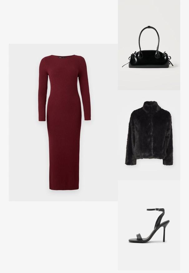 Vero Moda VMMONROE SHORT JACKET - Veste d'hiver - black; Robe maxi en tricot côtelé bordeaux avec des manches longues et un col bateau, présentant une silhouette ajustée et une texture subtile.; Sandale à talons hauts noire avec une fine sangle au niveau de la cheville et deux bandes à l'avant. Fabriquée en cuir lisse avec un bout pointu élégant et un talon aiguille.; Petit sac à main noir brillant avec deux longues anses et des détails à cordon sur les côtés sur un fond clair uni.