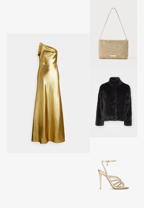 Vero Moda VMMONROE SHORT JACKET - Veste d'hiver - black; Robe en satin doré à une épaule avec un détail noué à l'épaule, présentant une texture lisse et élégante et une longueur jusqu'au sol.; Sandales à talons hauts dorées avec plusieurs brides ornées de cristaux et une sangle de cheville, présentant une finition métallique lisse et un bout pointu.; Pochette dorée de forme rectangulaire, recouverte de strass argentés brillants. Dotée d'une fine bandoulière métallique et d'une fermeture éclair.