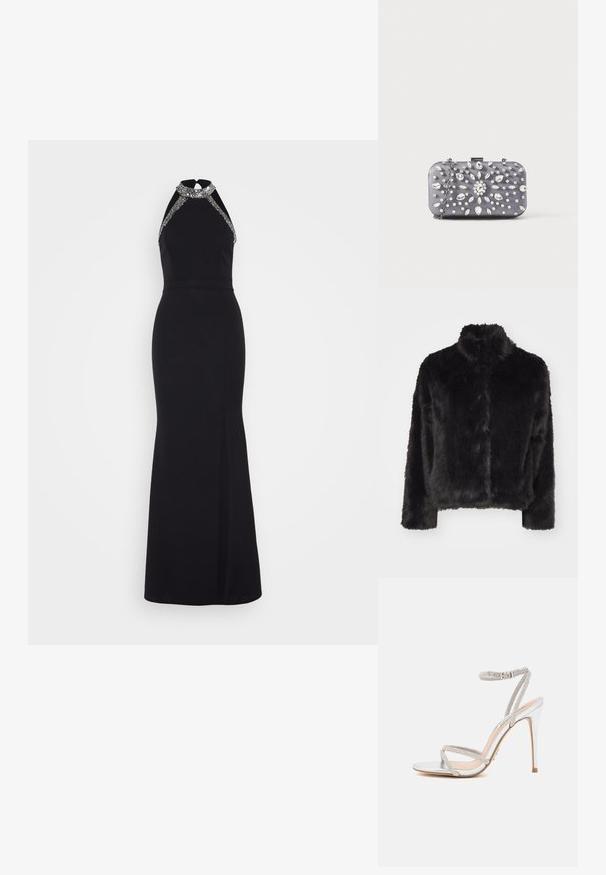 Vero Moda VMMONROE SHORT JACKET - Vinterjakker - black; Sort kjole med halterneck, prydet med sølvdetaljer. Tætsiddende silhuet, gulvlængde med en sideåbning for ekstra detalje.; Sølv højhælede sandal med tynde stropper, prydet med rhinsten, og med et elegant design og spids tå.; Lille rektangulær mørkegrå clutch pyntet med klare rhinsten i et strålende mønster og en sølvkæde som strop.