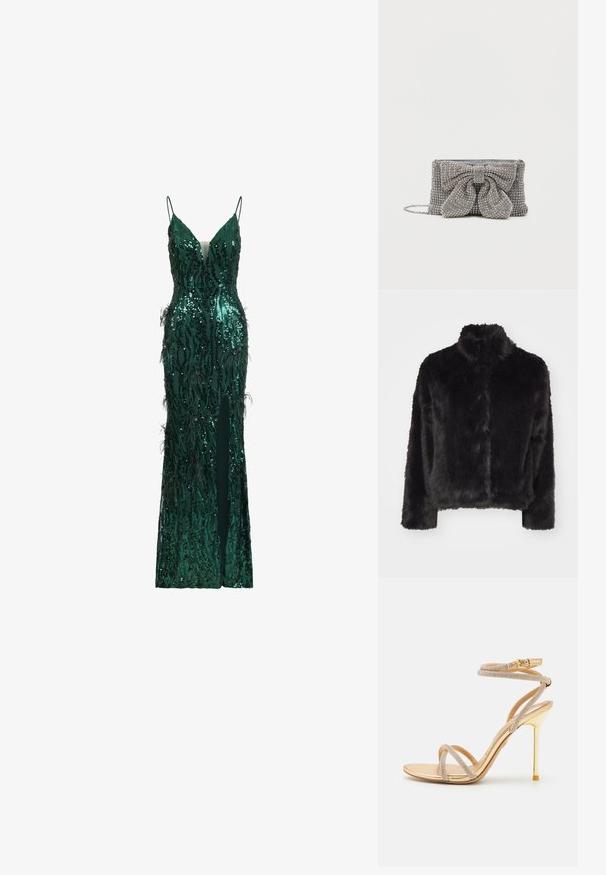 Vero Moda VMMONROE SHORT JACKET - Winterjas - black; Groene avondjurk met pailletten, spaghettibandjes, diepe V-hals, versiering met veren en een hoge split aan de voorkant.; ALDO MANAELDEN PILLOW WALK - Sandalen met hoge hak - gold-coloured; Sprankelende grijze handtas met een gestructureerd oppervlak, voorzien van een grote strikaccent aan de voorkant en een kettingband. Compact rechthoekig van vorm.