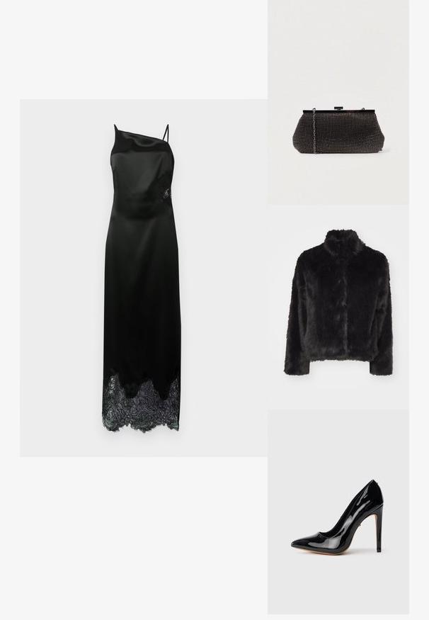 Vero Moda VMMONROE SHORT JACKET - Winterjas - black; Zwarte satijnen jurk met een enkele schouderband, met een gegolfde kanten zoom en bloemkanten detail aan de zijkant. Gladde textuur door het geheel.; Zwarte lakleren pumps met hoge hak, een puntige neus, een slank silhouet en een dunne stilettohak van 10 cm. Glad, glanzend oppervlak.; Zwarte mesh clutchbag met een gestructureerde silhouette, versierd met kleine metalen studs, heeft een sluiting met een klapmechanisme en een afneembare kettingriem.