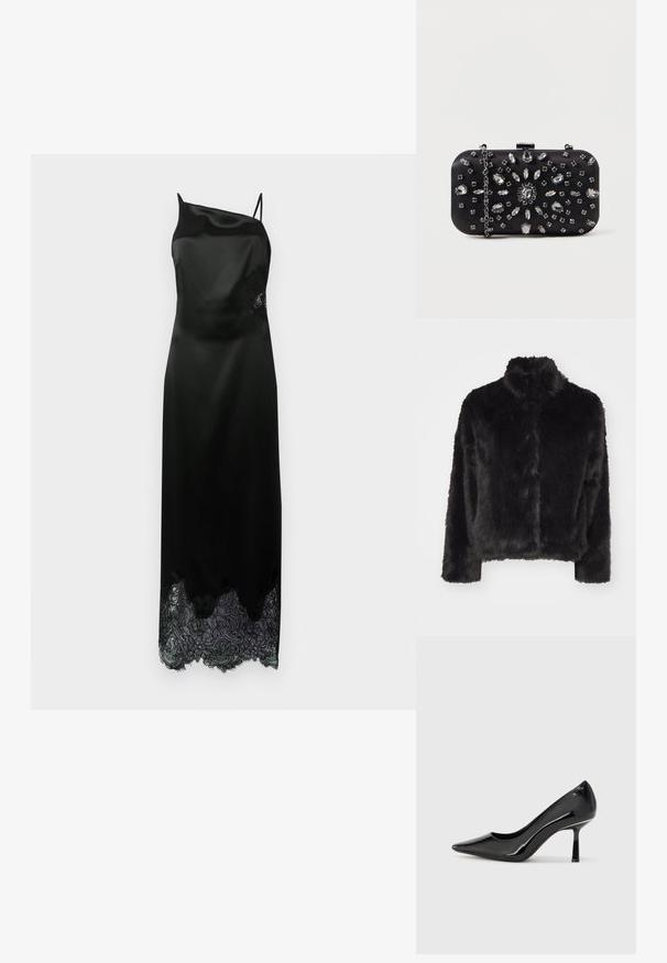 Vero Moda VMMONROE SHORT JACKET - Winterjas - black; Zwarte satijnen jurk met een enkele schouderband, met een gegolfde kanten zoom en bloemkanten detail aan de zijkant. Gladde textuur door het geheel.; Zwarte lakleren high heel pump met een spitse neus, slank ontwerp en een smalle stiletto hak, met een gladde, glanzende textuur.; Zwarte clutch met een rechthoekige vorm, versierd met verschillende strass-steentjes in een bloemmotief, voorzien van een zilveren ketting voor het dragen.