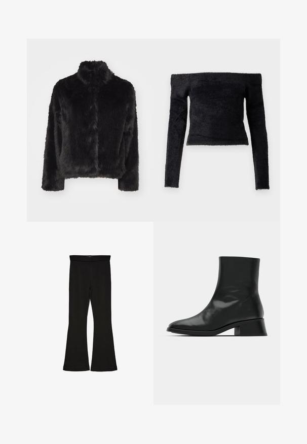 Vero Moda VMMONROE SHORT JACKET - Vinterjakker - black; Good American OFF SHOULDER LONG SLEEVE - Striktrøje - black; Sorte flared leggings lavet af strækbart stof. Har en bred talje og en glat tekstur, med en tætsiddende silhuet der bredder sig ved sømmen.; Sort ankelstøvle lavet af blank læder, med et strømlinet design, spids tå og en moderat blokhælhøjde for stabilitet.