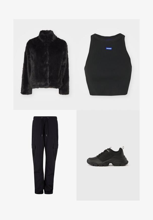 Vero Moda VMMONROE SHORT JACKET - Winterjacke - black; Schwarzes, geripptes Crop Top mit hohem Ausschnitt, das auf der Vorderseite mit einem blauen "HUGO"-Logo versehen ist. Der Stoff ist strukturiert und figurbetont.; Schwarze Cargo-Hosen aus weichem Stoff, mit einem elastischen Bund und Kordelzügen sowie Seitentaschen. Gerade Beinform.; Schwarzer klobiger Sneaker mit dicker, strukturierter Sohle, Schnürung vorne, gepolstertem Schaftrand und Schlaufe an der Ferse vor weißem Hintergrund.