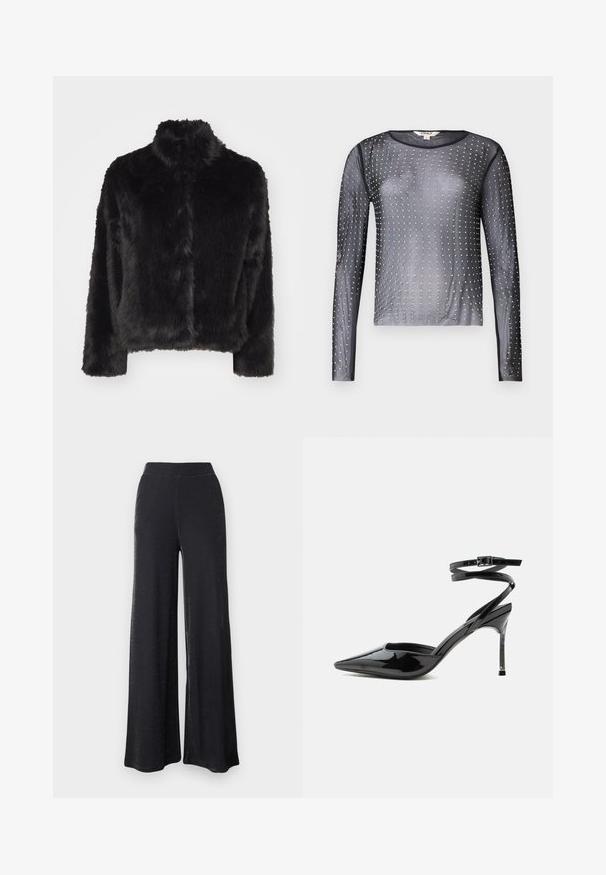 Vero Moda VMMONROE SHORT JACKET - Vinterjakker - black; Gennemsigtig sort langærmet top med rund halsudskæring, udsmykket med sølvnitter arrangeret i et mønster over stoffet.; Sorte breddebenede bukser lavet af et blødt, strækbart materiale med en subtil glans, der har en elastisk linning og en afslappet pasform.; Sort laklæder spids tå stilet hæl med tynde ankremme og lille spænde.
