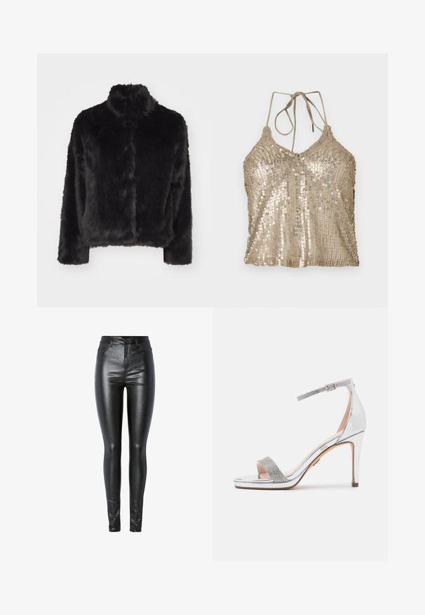 Vero Moda VMMONROE SHORT JACKET - Vinterjakker - black; Guld paliet halter-top med V-hals, justerbare bånd og struktureret overflade. Har en løs pasform og skinnende, refleksive palietter over det hele.; Sorte metalliske skinny jeans med en glat tekstur, høj talje, forlommer og en lynlås som lukning, designet til at sidde tæt.; Sølv højhælet sandal med shiny patentoverdel, tekstureret rhinestone-strop, justerbar ankelstrop og et firkantet åbent tå-design.