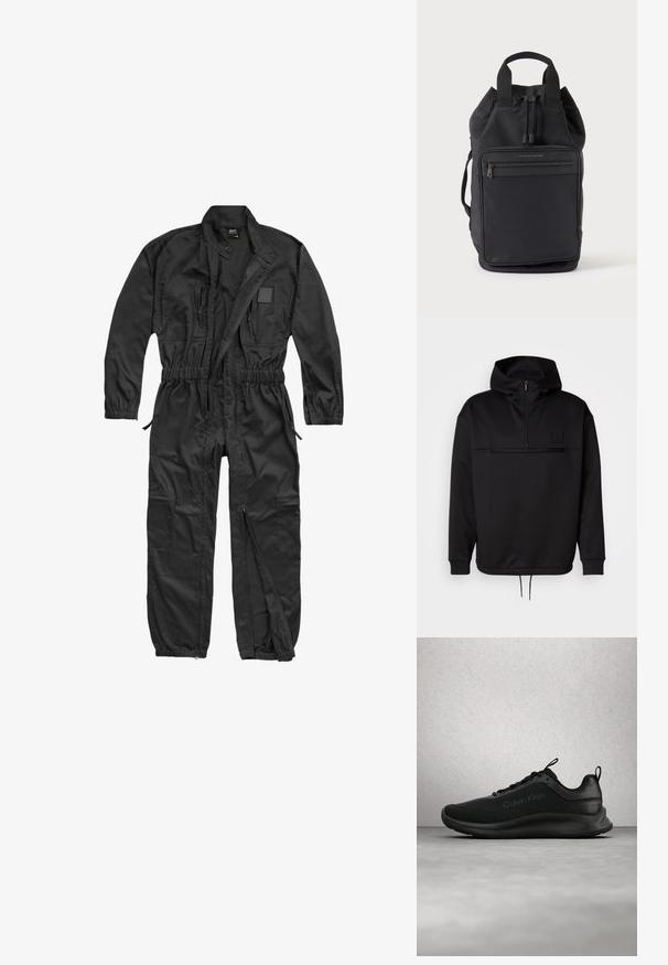 Μαύρη που hoodie με τεταρτοζipper, πλεκτούς καρπούς και ελαστική μέση. Διαθέτει υφασμάτινο λογότυπο στο στήθος. Λείος υφασματικός υφή.; Brandit BRANDIT HERREN EINSATZKOMBI - Ολόσωμη φόρμα - black; Μαύρο αθλητικό παπούτσι Calvin Klein με κορδόνια, να αιωρείται πάνω από γυαλιστερό γκρι πάτωμα, με τζαμένια παράθυρα από γυάλινα τούβλα στο φόντο.; Μαύρο σακίδιο από νάιλον με πάνω λαβές, μπροστινή τσέπη με φερμουάρ, κλείσιμο με κορδόνι και διακριτικό λογότυπο Tommy Hilfiger πάνω από την μπροστινή τσέπη.