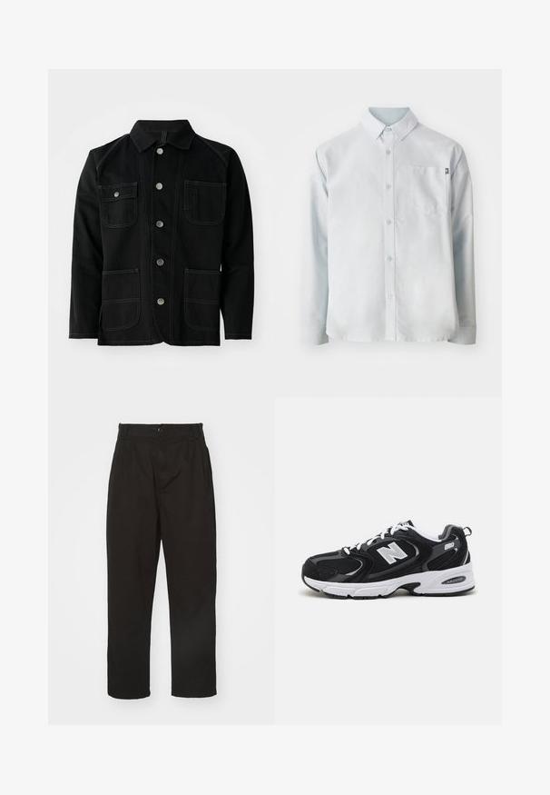 Zwarte katoenjas met een klassieke kraag, vijf drukknopen aan de voorkant, twee grote opgestikte zakken, contrasterende stiksels en lange mouwen.; New Balance OXFORD - Overhemd - blue; Zwarte broek van gladde stof, met knoopsluiting, rechte snit en twee voorplooien voor extra detail.; Zwarte en grijze sport schoenen met een bovenwerk van mesh en suede, voorzien van een witte tussenzool, veters en een gedurfde "N"-logo aan de zijkant.