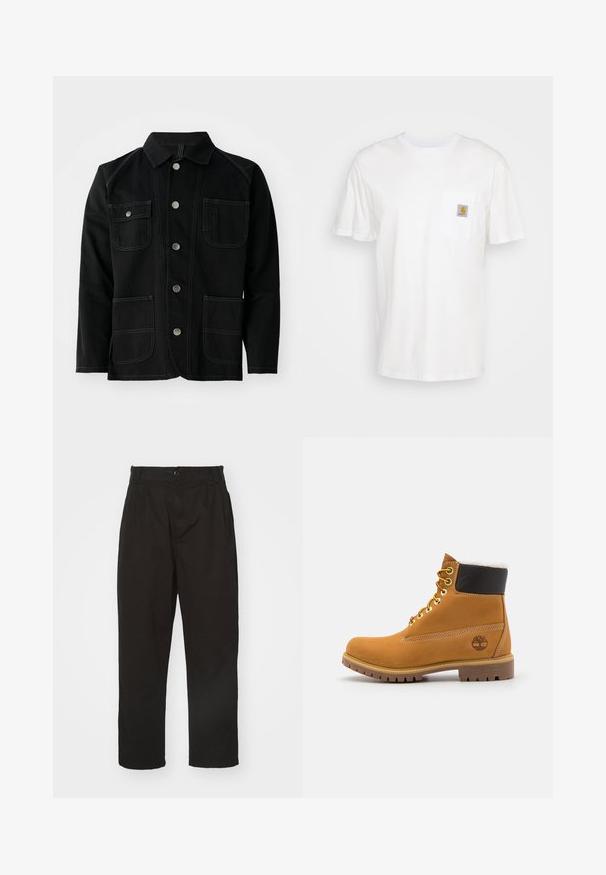 Veste en coton noir avec un col classique, cinq boutons-pression à l'avant, deux grandes poches plaquées, des coutures contrastées et des manches longues.; T-shirt en coton blanc à manches courtes, avec une poche poitrine et un petit patch logo carré en orange et blanc sur la poche.; Pantalons noirs en tissu lisse, dotés d'une fermeture à bouton, d'une coupe droite et de deux plis à l'avant pour un détail supplémentaire.; Bottine en cuir brun avec œillets en métal, doublure en fourrure blanche, col rembourré noir, semelle robuste et logo en relief sur le côté.