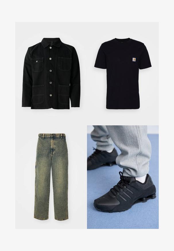 Veste en coton noir avec un col classique, cinq boutons-pression à l'avant, deux grandes poches plaquées, des coutures contrastées et des manches longues.; T-shirt en coton noir à manches courtes, col rond et poche poitrine avec un petit patch logo carré. Design simple et uni.; Jeans en denim ample avec un délavage bleu et vert. Comprend une fermeture à bouton, des passants de ceinture et des poches latérales. Pas de pli à l'avant et design à jambe droite.; Personne portant des baskets Nike Shox noires et un pantalon de survêtement gris, debout sur un tapis bleu clair.