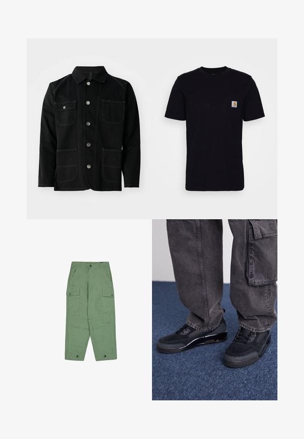 Schwarze Baumwolljacke mit klassischem Kragen, fünf Druckknöpfen auf der Vorderseite, zwei großen aufgesetzten Taschen, kontrastierenden Nähten und langen Ärmeln.; Schwarzes Baumwoll-T-Shirt mit kurzen Ärmeln, rundem Hals und einer Brusttasche, die mit einem kleinen, quadratischen Logo-Patch versehen ist. Einfaches, einfarbiges Design.; Grüne Cargo-Hosen mit lockerer Passform, zwei großen Seitentaschen und verstellbaren Knöchellängen. Hergestellt aus strukturiertem Baumwollstoff.; Schwarze Sportschuhe mit einer strukturierten Oberfläche, glatten Akzenten und einer chunky Sohle, kombiniert mit dunklen, lässig sitzenden Cargo-Hosen.