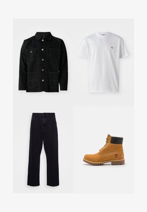 Veste en coton noir avec un col classique, cinq boutons-pression à l'avant, deux grandes poches plaquées, des coutures contrastées et des manches longues.; T-shirt en coton blanc à manches courtes, col rond, avec un petit logo doré sur la poitrine gauche. Texture douce et coupe régulière.; Pantalons en denim noir avec une coupe droite, dotés d'une fermeture à bouton et à zip, de passants de ceinture et de coutures minimales.; Bottine en cuir brun avec œillets en métal, doublure en fourrure blanche, col rembourré noir, semelle robuste et logo en relief sur le côté.