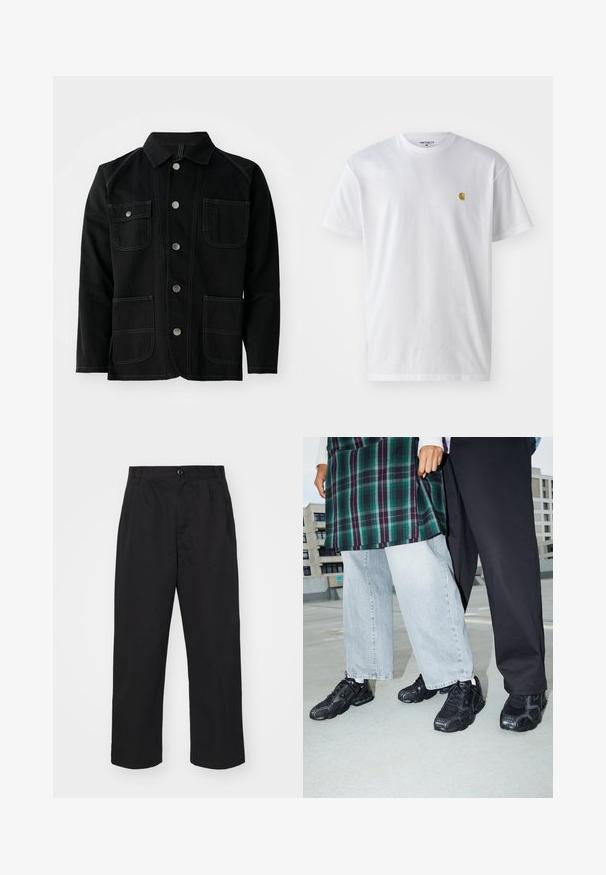 Veste en coton noir avec un col classique, cinq boutons-pression à l'avant, deux grandes poches plaquées, des coutures contrastées et des manches longues.; T-shirt en coton blanc à manches courtes, col rond, avec un petit logo doré sur la poitrine gauche. Texture douce et coupe régulière.; Pantalons en coton noir à coupe droite, avec une fermeture à bouton, deux poches avant et une texture lisse.; Baskets de sport noires avec des accents en mesh et en caoutchouc. Portées avec un jean large gris clair et un haut à carreaux vert. Fond à surface plane.