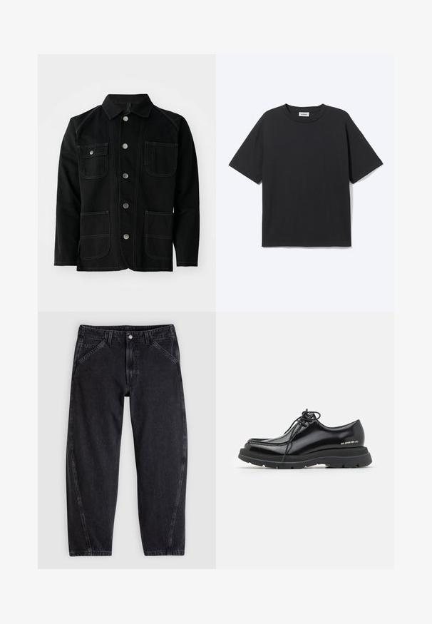 Sort bomuldsjakke med en klassisk krave, fem fronttrykknapper, to store påsatte lommer, kontrasterende syninger og lange ærmer.; Sort T-shirt med korte ærmer og rund hals med afslappet pasform, forfra, ensfarvet design og synligt Weekday-mærke inde i kraven.; Sorte denimjeans med løs pasform, der har en standard-taljebånd, femlomme-design og kontrastsyning langs sømmene.; Sorte læder dressko med rund tå, tyk gummisål, snørebåndsdesign og markant syning langs kanten.