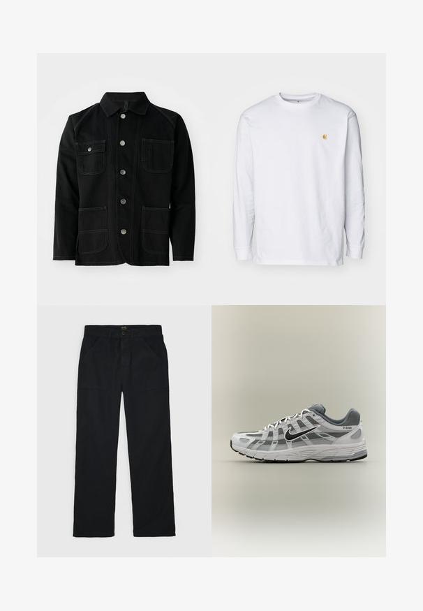 Veste en coton noir avec un col classique, cinq boutons-pression à l'avant, deux grandes poches plaquées, des coutures contrastées et des manches longues.; T-shirt à manches longues blanc en coton. Présente un petit logo doré sur la poitrine et un col rond. Design simple et coupe standard.; Stan Ray FAT PANT - Jean droit - black; Baskets Nike P-6000 blanches et grises avec swoosh noir, panneaux en maille et semelle texturée, montrées en profil latéral sur fond neutre.