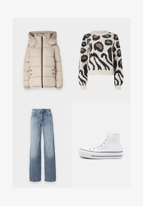 Beige Daunenjacke mit hohem Kragen, Frontreißverschluss und Druckknopftaschen. Der Stoff ist glatt und mit gesteppten Abschnitten.; JDY LORRAINE - Strickpullover - cement; Weite blaue Denim-Jeans mit heller Waschung, Reißverschluss, fünf Taschen-Design und subtiler Ausbleichung in der Nähe der Knöchel.; Weiße High-Top-Sneaker aus einem Material aus Segeltuch, mit schwarzer Gummisohle und kontrastierendem schwarzen Streifen auf der Zwischensohle. Runde Zehenkappe und Schnürdesign.