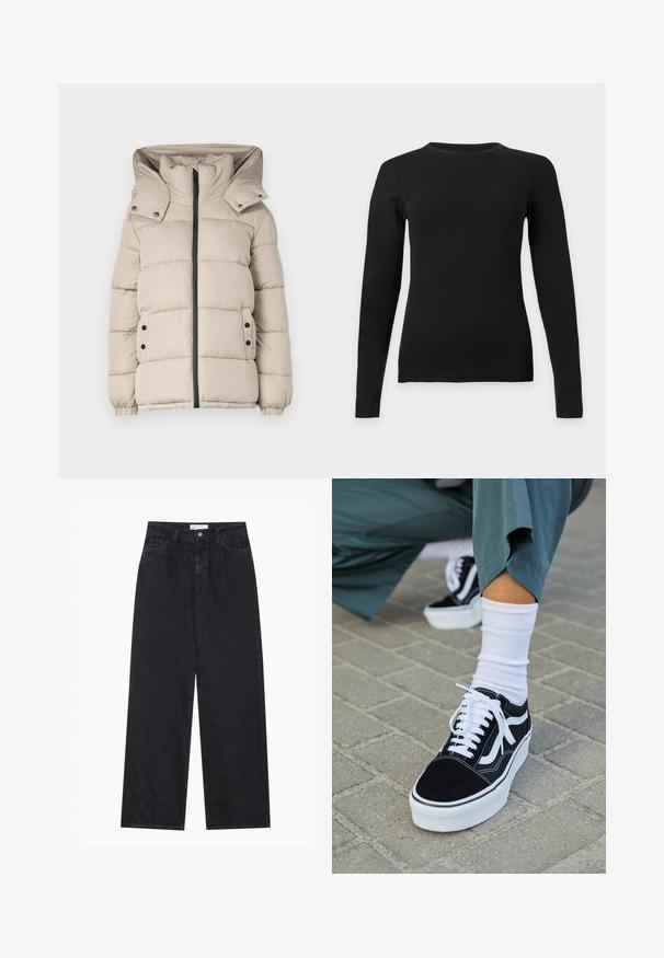 Beige Daunenjacke mit hohem Kragen, Frontreißverschluss und Druckknopftaschen. Der Stoff ist glatt und mit gesteppten Abschnitten.; Schwarzes, enganliegendes Langarmshirt mit Rundhalsausschnitt und glatter Textur, flach auf einem hellgrauen Hintergrund dargestellt.; Schwarze hoch geschnittene, weit geschnittene Jeans aus Denim mit Vorderknopf- und Reißverschluss, Gürtelschlaufen und fünf Taschen.; Schwarze Wildledersneaker mit weißen Akzenten und Schnürsenkeln, ausgestattet mit einer dicken weißen Sohle und kontrastierenden Nähten, kombiniert mit einer weißen Socke.