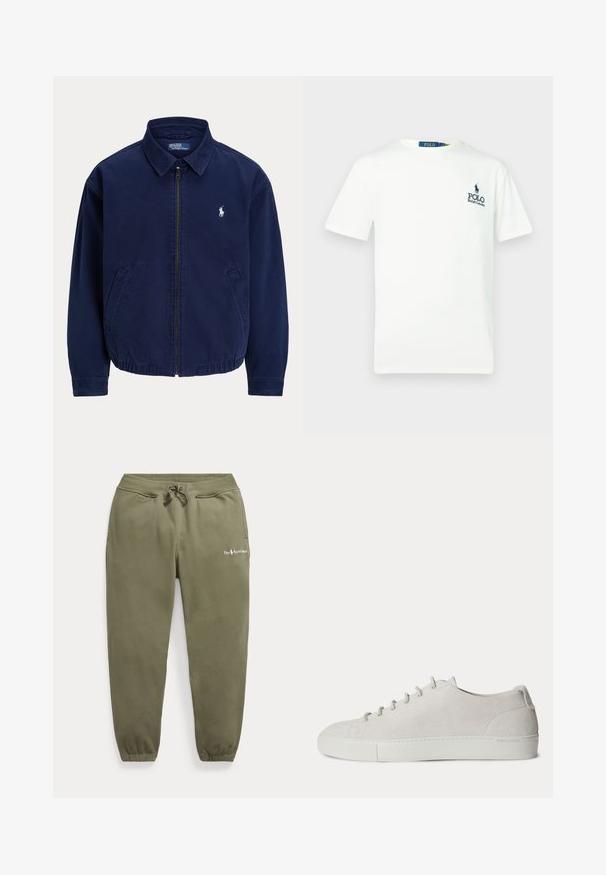 Marineblå lynlåstrøje med krave, to frontlommer og lille hvidt broderet logo på venstre bryst.; Hvid bomulds t-shirt med rund hals, korte ærmer og et blåt "POLO Ralph Lauren" logo på venstre bryst.; Olivengrønne joggingbukser med elastisk talje og manchetter, snøre til justering, sidelommer og lille Polo Ralph Lauren-logo på venstre lår.; Hvid lav-sneakers i ruskind med snørelukning foran og gummisål, minimalistisk design.