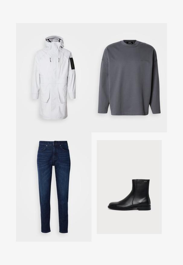 Witte waterdichte parka met een hoge kraag, verstelbare capuchon, twee voorzakken en een met rits sluitende mouwzak. Gekarakteriseerd door een stijlvolle, gladde stof.; Grijze lange mouw sweatshirt met ronde hals, gemaakt van zacht materiaal. Heeft een subtiele logo in de bovenlinkerhoek. Aansluitende pasvorm.; Donkerblauwe denim jeans met een rechte pijpdesign, voorzien van zakken en een knoopsluiting bij de taille. Zachte textuur, minimale vervagingdetails.; Zwarte gladde lederen enkellaars met lage hak en zijrits, gelabeld Hugo vlak bij de bovenrand.